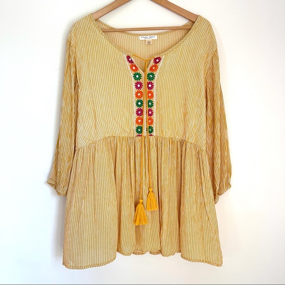 Studio West Tops - Studio West Boho Peasant Yellow Blouse with Colorful Embroidered Flowers